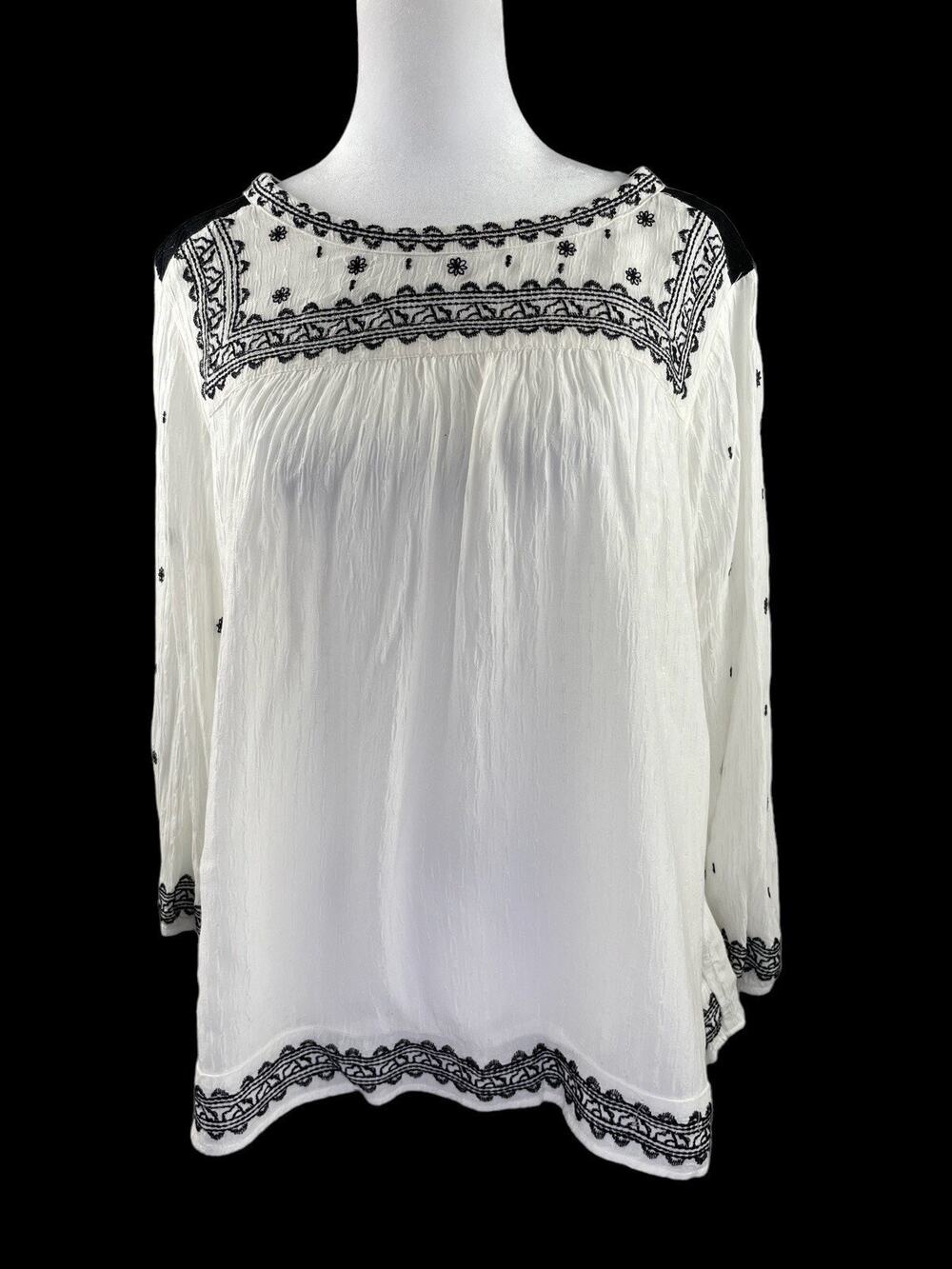 Knox Rose L Embroidered Peasant Blouse White w/Black Long Sleeve Boho Rayon